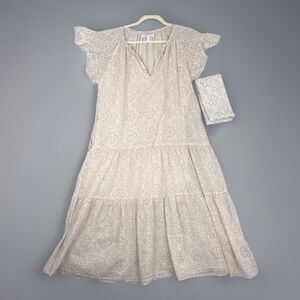 Cleobella Odelia Cotton Ruffle Tiered Flutter Beige Print Boho Dress Small w Tie